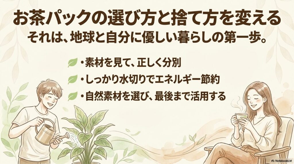 分別、水切り、自然素材の活用を通じ、地球と自分に優しい暮らしを目指すまとめのスライドです。
