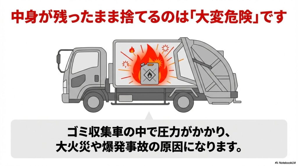 中身が残ったままガソリン缶を捨てると、ゴミ収集車での火災や爆発の原因になり大変危険であるという警告。