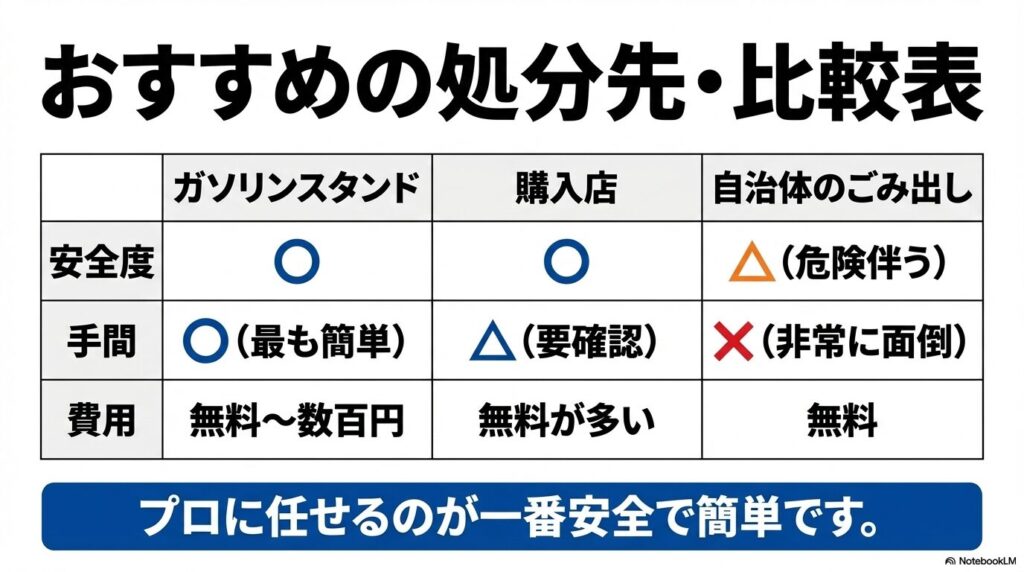 ガソリンスタンド、購入店、自治体での処分方法を安全性、手間、費用で比較した一覧表。