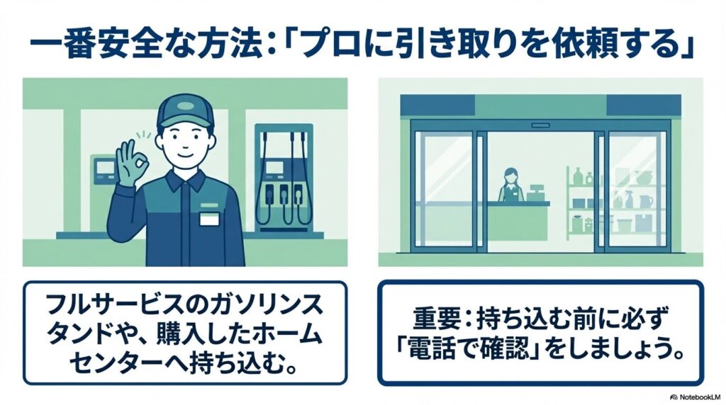ガソリンスタンドやホームセンターなどのプロに引き取りを依頼する方法と、事前の電話確認の重要性。