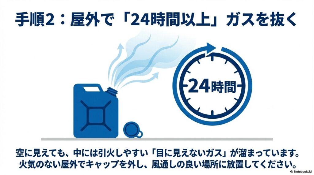 手順の第2段階として、火気のない屋外で24時間以上キャップを外して残留ガスを抜く作業。