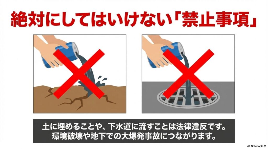 ガソリンを土に埋めたり下水道に流したりすることは法律違反であり、重大な事故につながるという禁止事項。