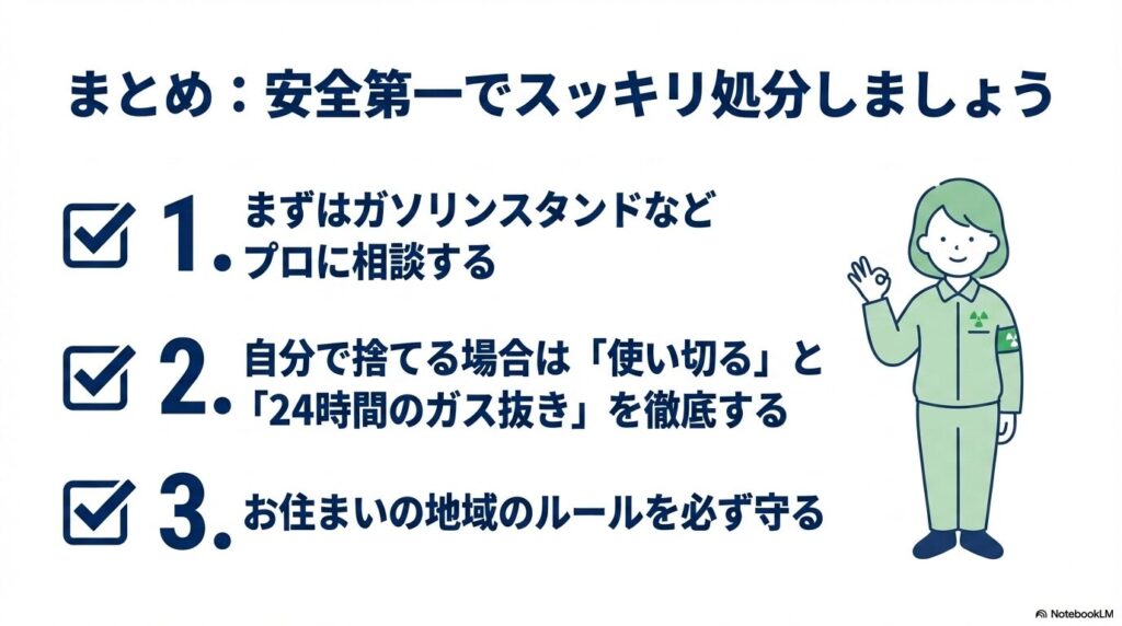 処分のまとめとして、プロへの相談、使い切りとガス抜きの徹底、地域ルールの遵守の3点。