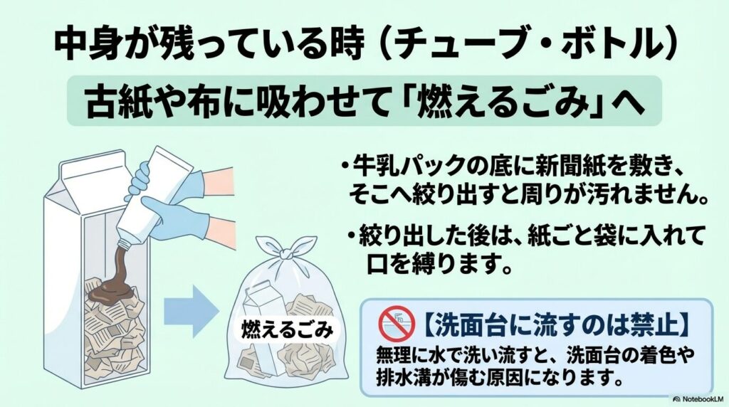 チューブやボトルの残液は、古紙や布に吸わせて「燃えるごみ」として捨てる方法を解説。