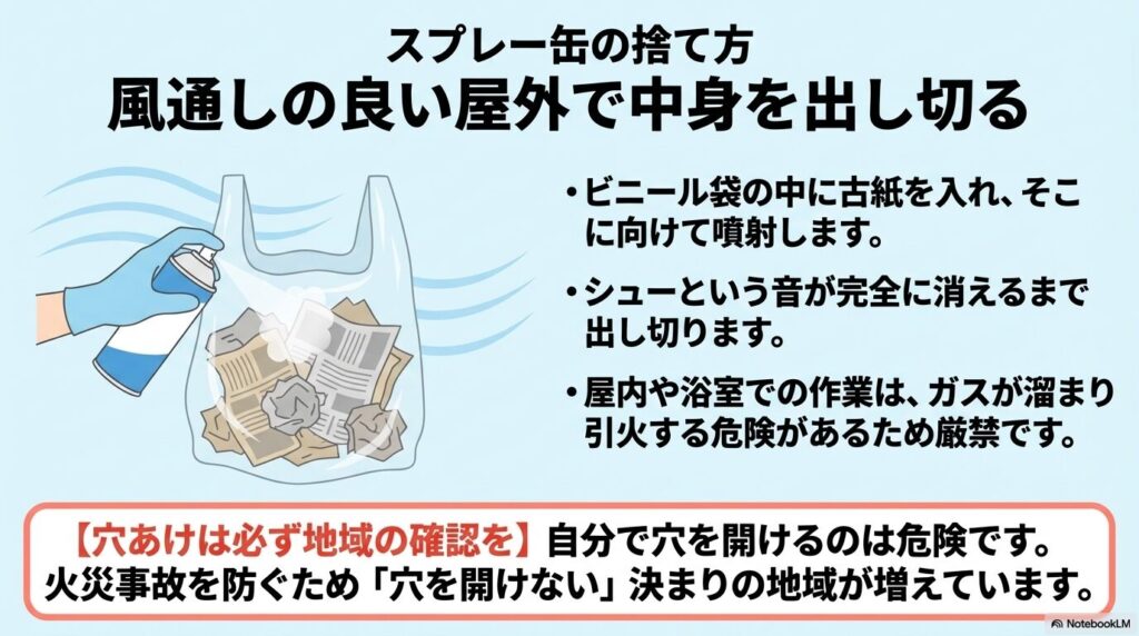 スプレー缶は風通しの良い屋外で中身を出し切る。穴あけの注意点と引火の危険性について。