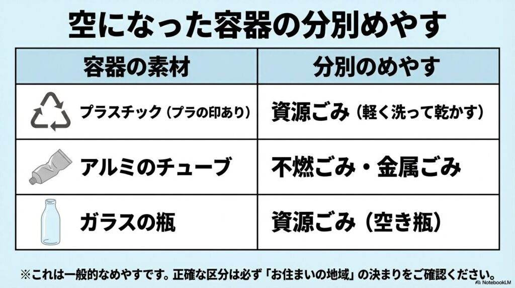 空になった容器の素材別の分別めやす（プラスチック、アルミチューブ、ガラス瓶）を掲載。