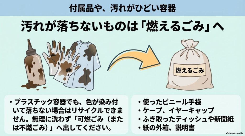 汚れが落ちない容器や使用済みの手袋などの付属品は「燃えるごみ」として出す。