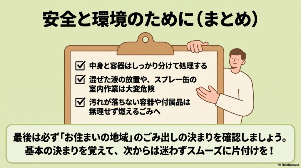 安全と環境のためのまとめ：分別処理の徹底、危険な作業の回避、最終的な地域ルールの確認。