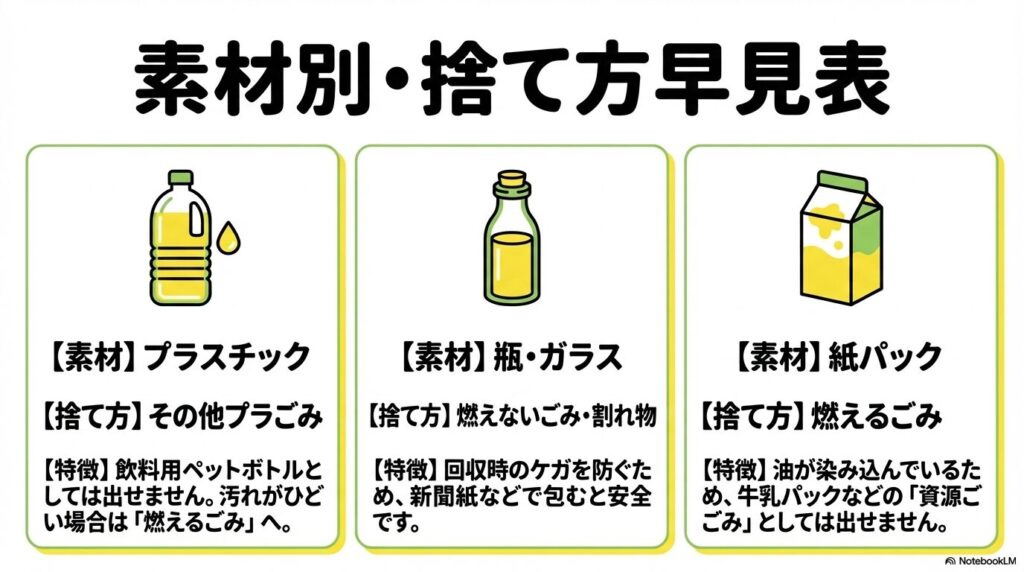プラスチック、瓶・ガラス、紙パックという3つの素材別の捨て方と特徴をまとめた早見表です。
