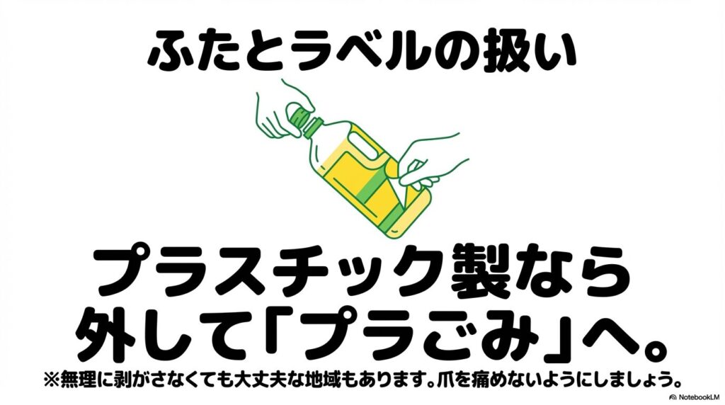 プラスチック製の蓋とラベルを取り外して「プラごみ」として出すルールを説明するスライドです。