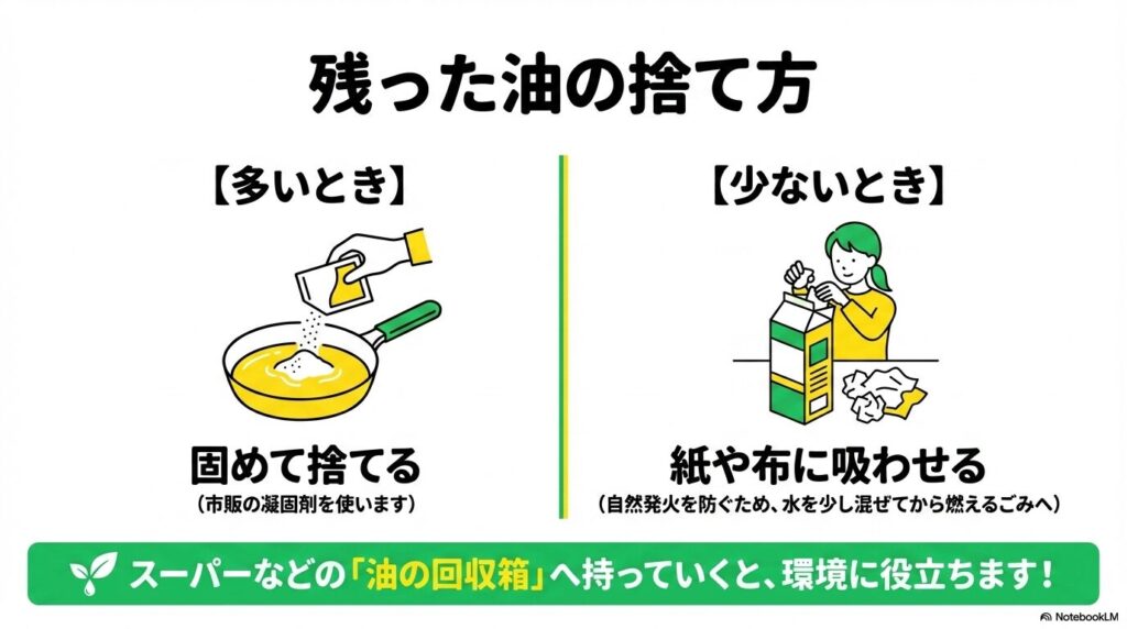 残った油の量に合わせた捨て方と、スーパーでの回収について説明するスライドです。