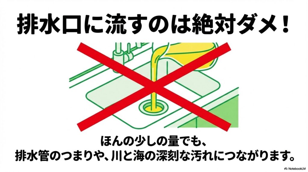 油を排水口に流すと環境汚染や詰まりの原因になるため、絶対に流さないよう警告するスライドです。