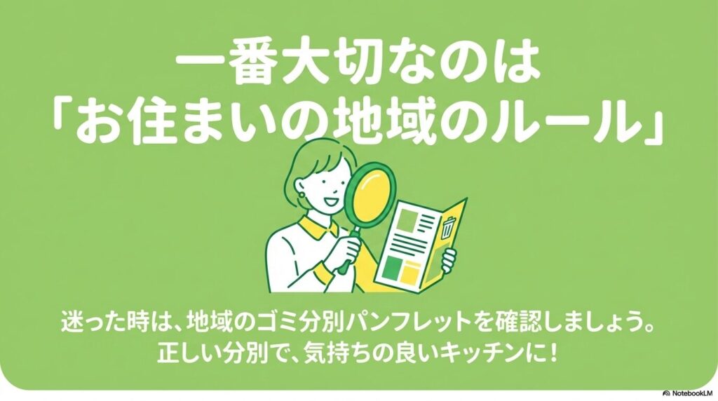 最終的には住んでいる地域のゴミ分別ルールを確認することを促すスライドです。