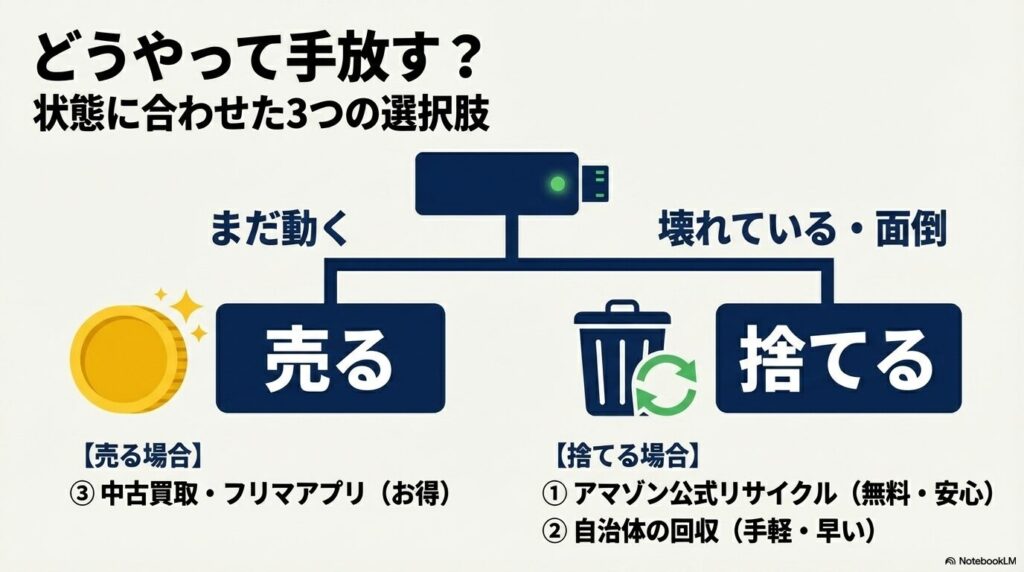 端末がまだ動くか、あるいは壊れているかに応じた、売却または廃棄の3つの選択肢のフローチャート。