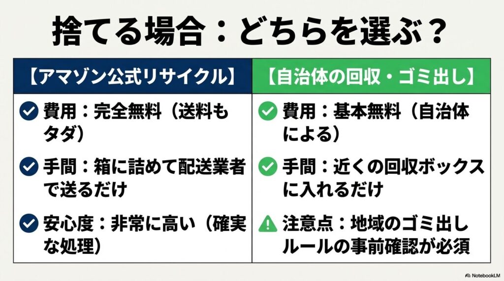 アマゾン公式リサイクルと自治体による回収の、費用・手間・安心度を比較した一覧表。