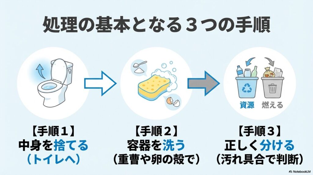 カビたペットボトル処理の基本となる、中身を捨てる、容器を洗う、正しく分けるという3つの手順の概要。