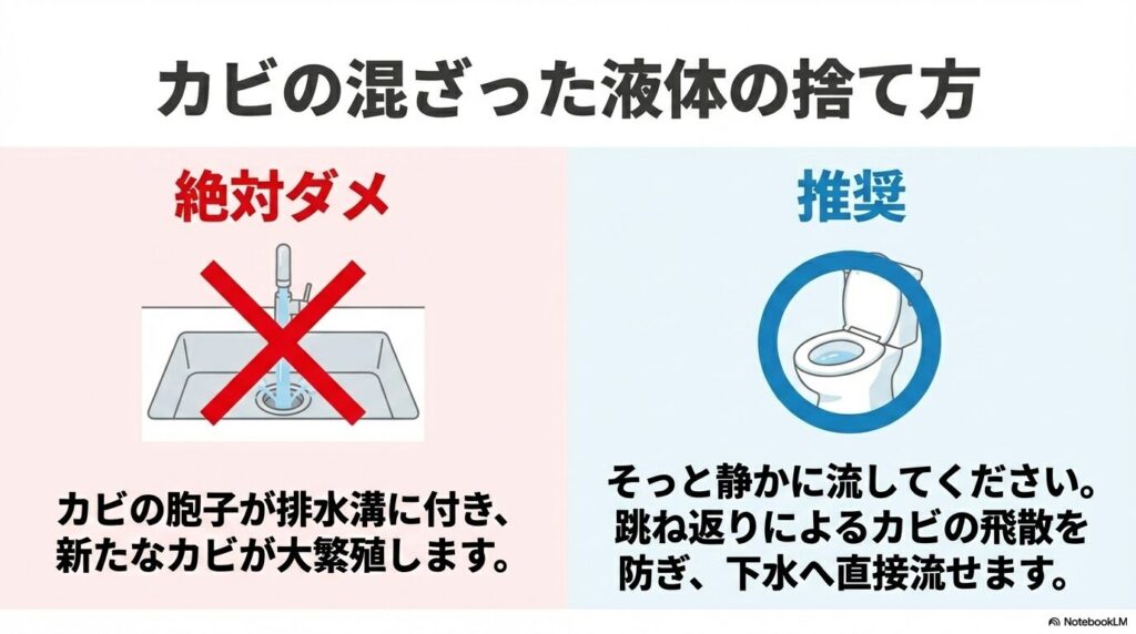 カビの混ざった液体は台所に流すと繁殖の恐れがあるため、トイレに静かに流すべきであることを解説。