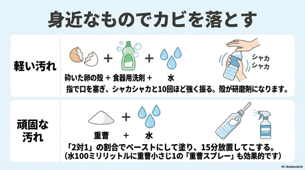 軽い汚れには卵の殻と洗剤、頑固な汚れには重曹ペーストやスプレーを使ってカビを落とす方法の紹介。