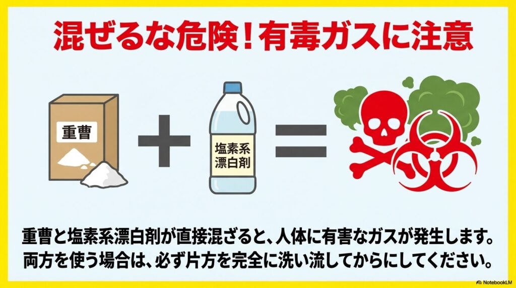 重曹と塩素系漂白剤を直接混ぜると有毒ガスが発生するため、併用時は必ず完全に洗い流すよう注意喚起。