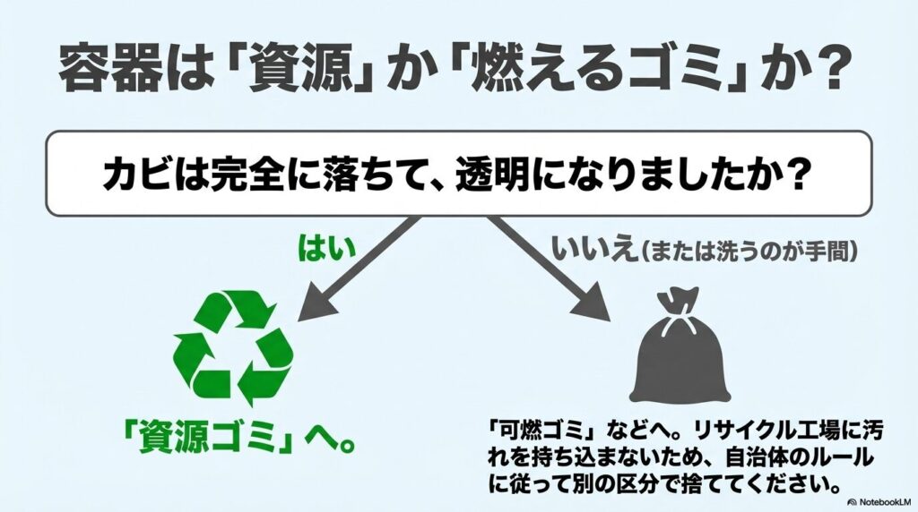 カビが完全に落ちれば「資源ゴミ」、汚れが残る場合は「燃えるゴミ」として分別する基準のフローチャート。