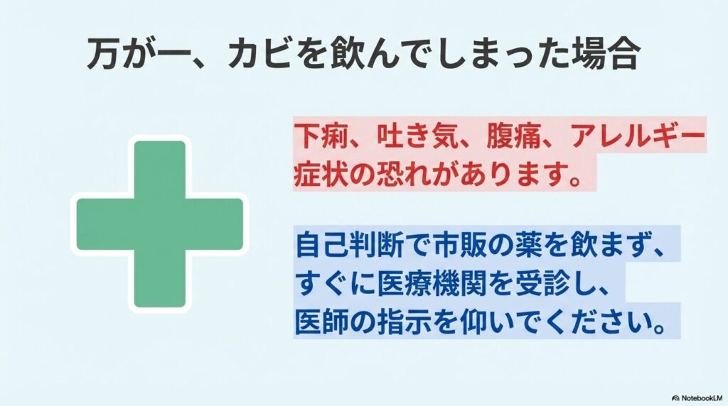 カビを飲んでしまった際の症状と、市販薬を自己判断で飲まずにすぐ医療機関を受診するよう促す説明。