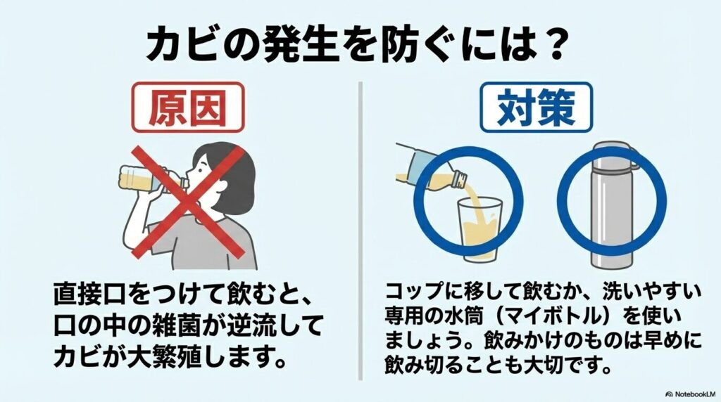 直接口をつけて飲むことがカビの原因であり、コップや水筒の使用、早めの完飲が対策となることの解説。