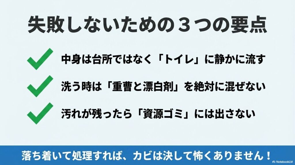 トイレに流す、混ぜない、汚れたら資源ゴミに出さないという、失敗しないための3つの要点のまとめ。