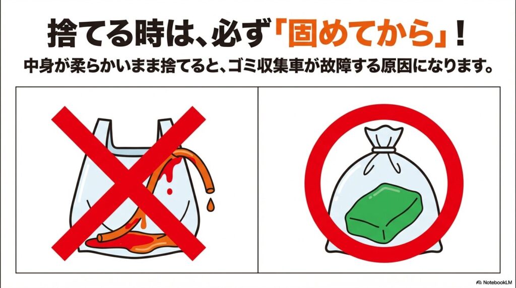 故障の原因になるため、捨てる時は必ず中身を固めてから捨てるよう注意を促すスライド。