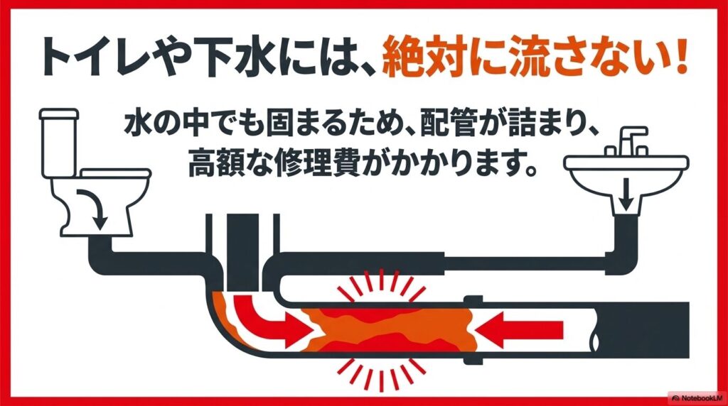 トイレや下水に流すと配管が詰まり高額な修理費がかかることを警告する図解。
