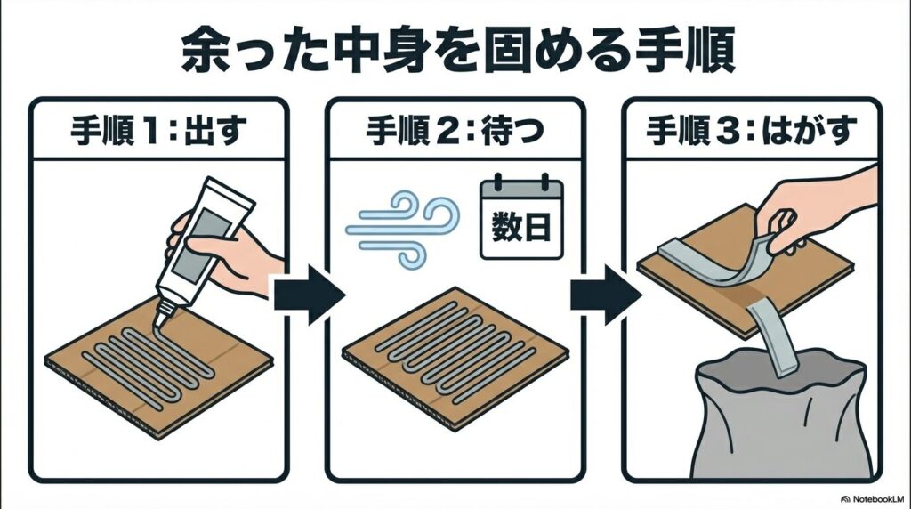 余ったシリコンシーラントを段ボールに出し、数日待ってから剥がして捨てる3つの手順。