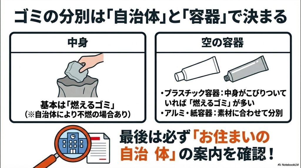 中身と容器の分別方法について説明し、最終的に自治体のルールを確認することを推奨する内容。