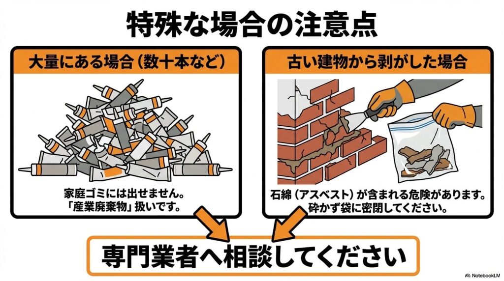 大量の廃棄やアスベストの可能性がある古い建物のシーラント剥離は、専門業者に相談するよう促す注意。