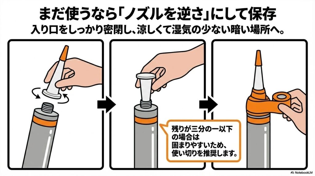 残ったシーラントを保存するために、ノズルを逆さにして差し込みテープで密閉する手順の解説。