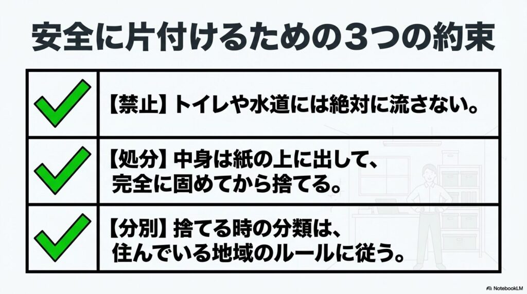 トイレに流さない、固めてから捨てる、自治体のルールに従うという安全な片付けの3つの約束。