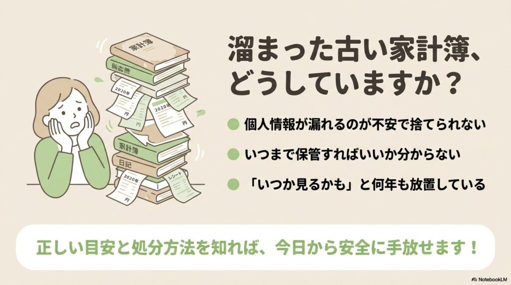 溜まった古い家計簿の処分に関する悩みと、解決に向けたメッセージが記載されています。
