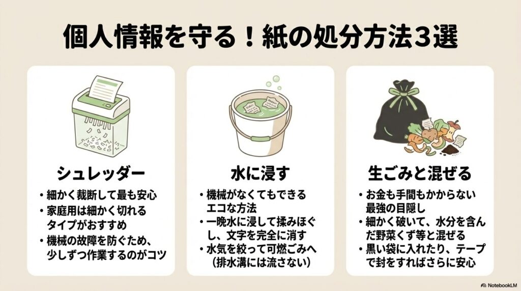 シュレッダー、水に浸す、生ごみと混ぜるという、個人情報を守るための紙の処分方法3選。