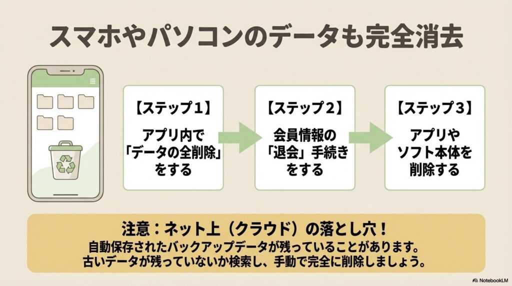 スマホやパソコンのデータを完全に消去するための3つのステップと、クラウドデータの注意点。