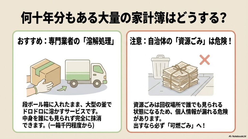 大量の家計簿を処分する際のおすすめの溶解処理と、資源ごみに出す際のリスクについての解説。