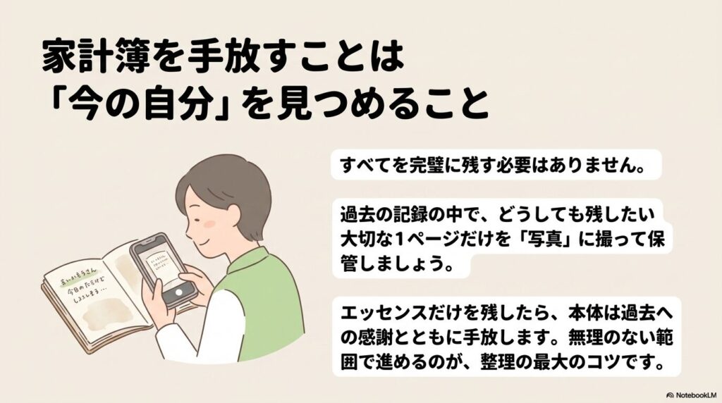 家計簿を手放す際の考え方のコツとして、大切なページを写真で残す方法を提案しています。