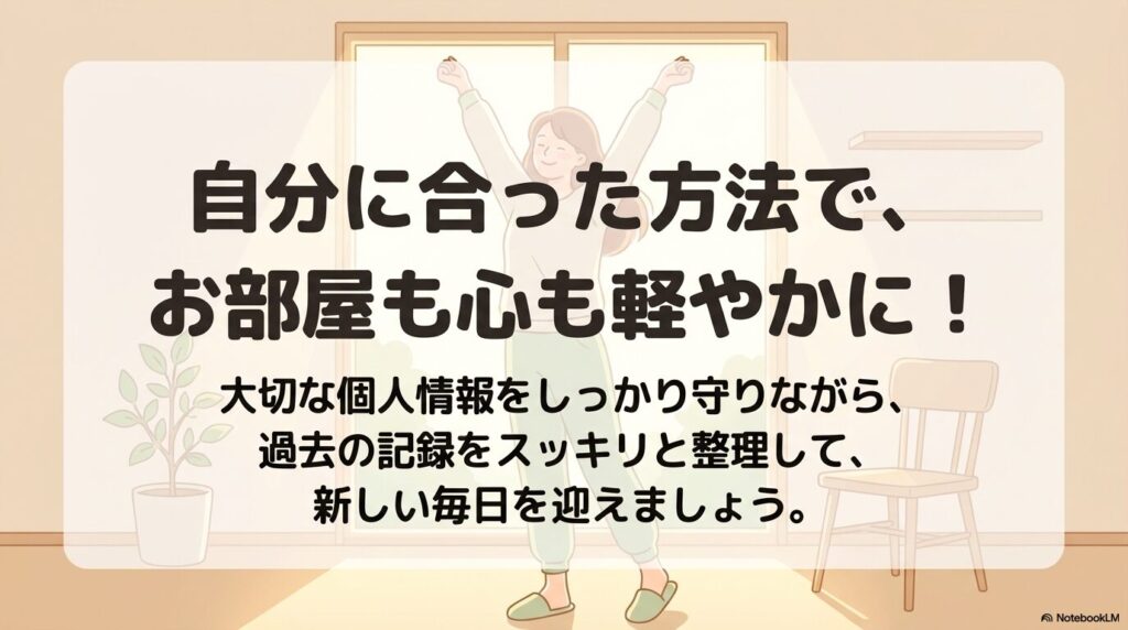自分に合った方法で家計簿を整理し、スッキリとした毎日を迎えることを促す結びのメッセージ。