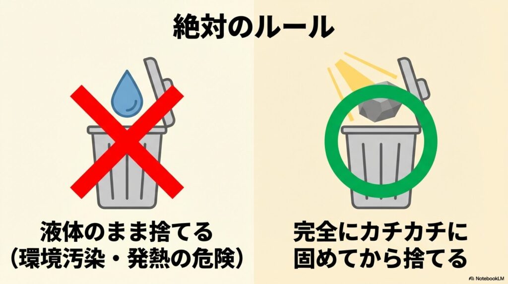 レジン処分の絶対のルールとして、液体で捨てず完全に固めてから捨てることを示すスライド。