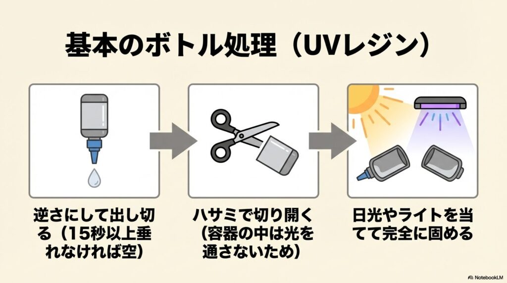 UVレジンボトルの基本処理手順である、出し切る、切り開く、固めるの3段階を説明するスライド。