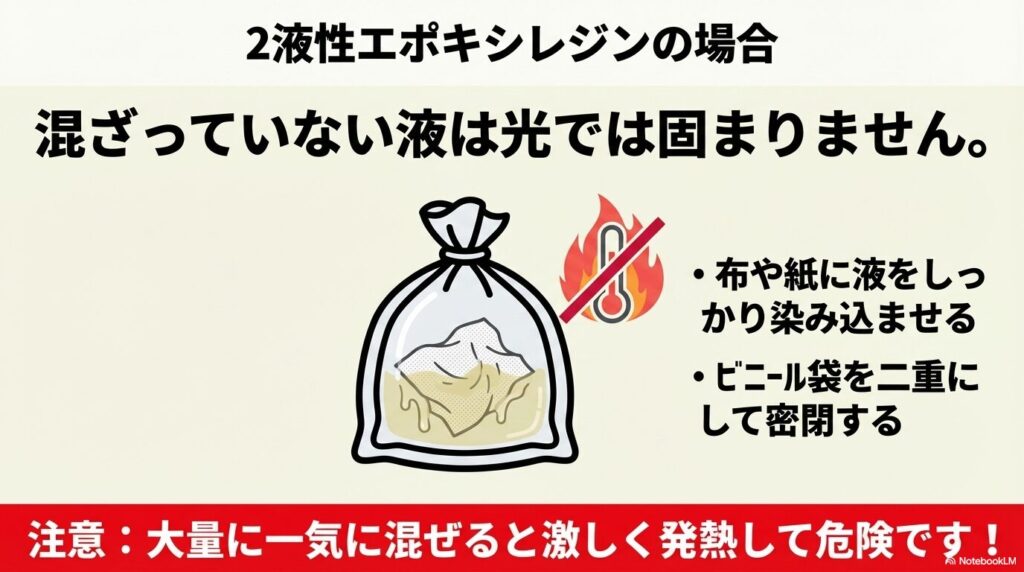 2液性エポキシレジンの処分方法と、一度に大量に混ぜる際の発熱リスクへの注意。