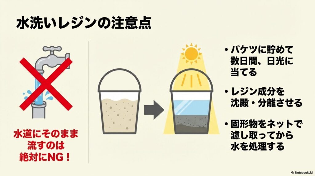 水洗いレジンを水道に流さず、日光で沈殿させてから固形物を分離して処理する手順。