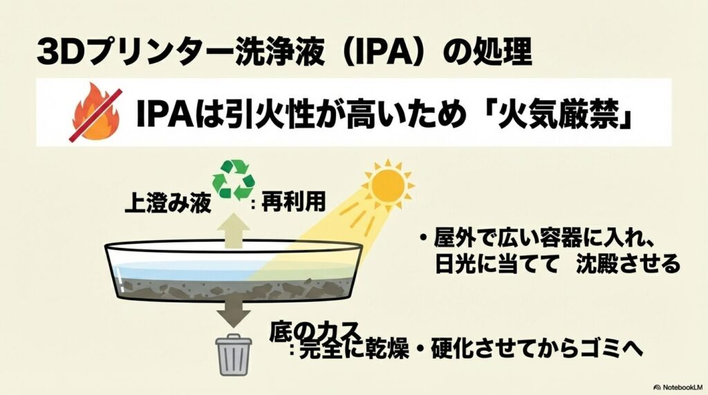 3Dプリンター洗浄液(IPA)を屋外で日光に当てて沈殿させ、上澄みを再利用する処理手順。