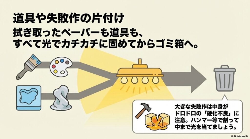 道具や失敗作、拭き取ったペーパーもすべて固めてから捨て、大きな失敗作は割って中まで固める注意点。