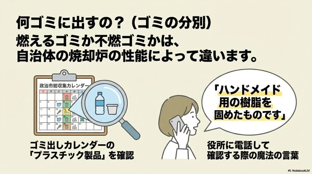 自治体によるゴミ分別の確認方法と、役所に問い合わせる際の具体的な伝え方の紹介。