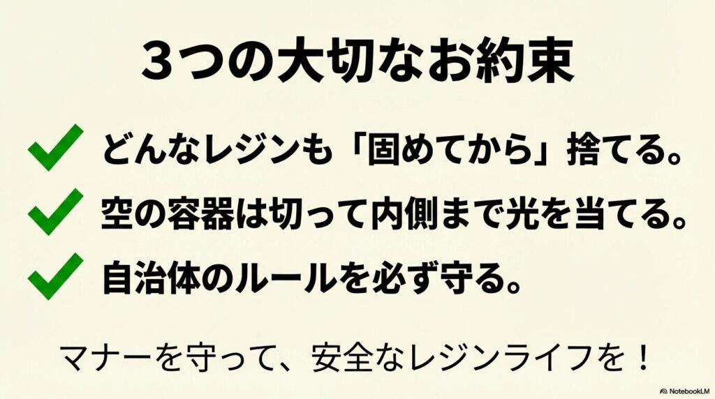 まとめとして、固めて捨てる、容器を切る、自治体のルールを守るという3つの約束の再確認。