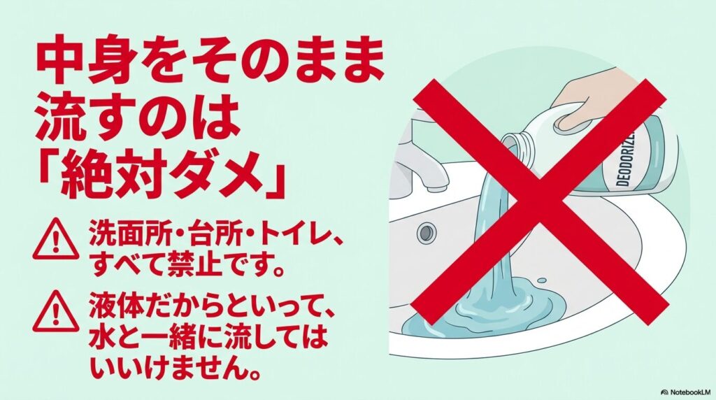 消臭剤を洗面所や台所、トイレなどの排水口に流すことは、液体であっても禁止であることを説明しています。