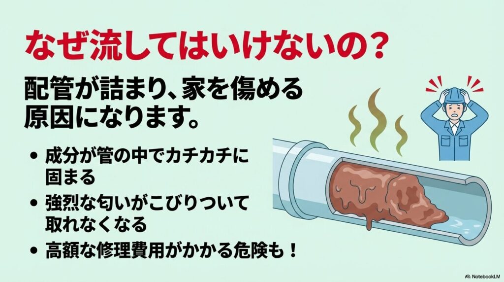 消臭剤を流してはいけない理由として、配管の詰まりや臭いの付着、高額な修理費用のリスクを説明しています。